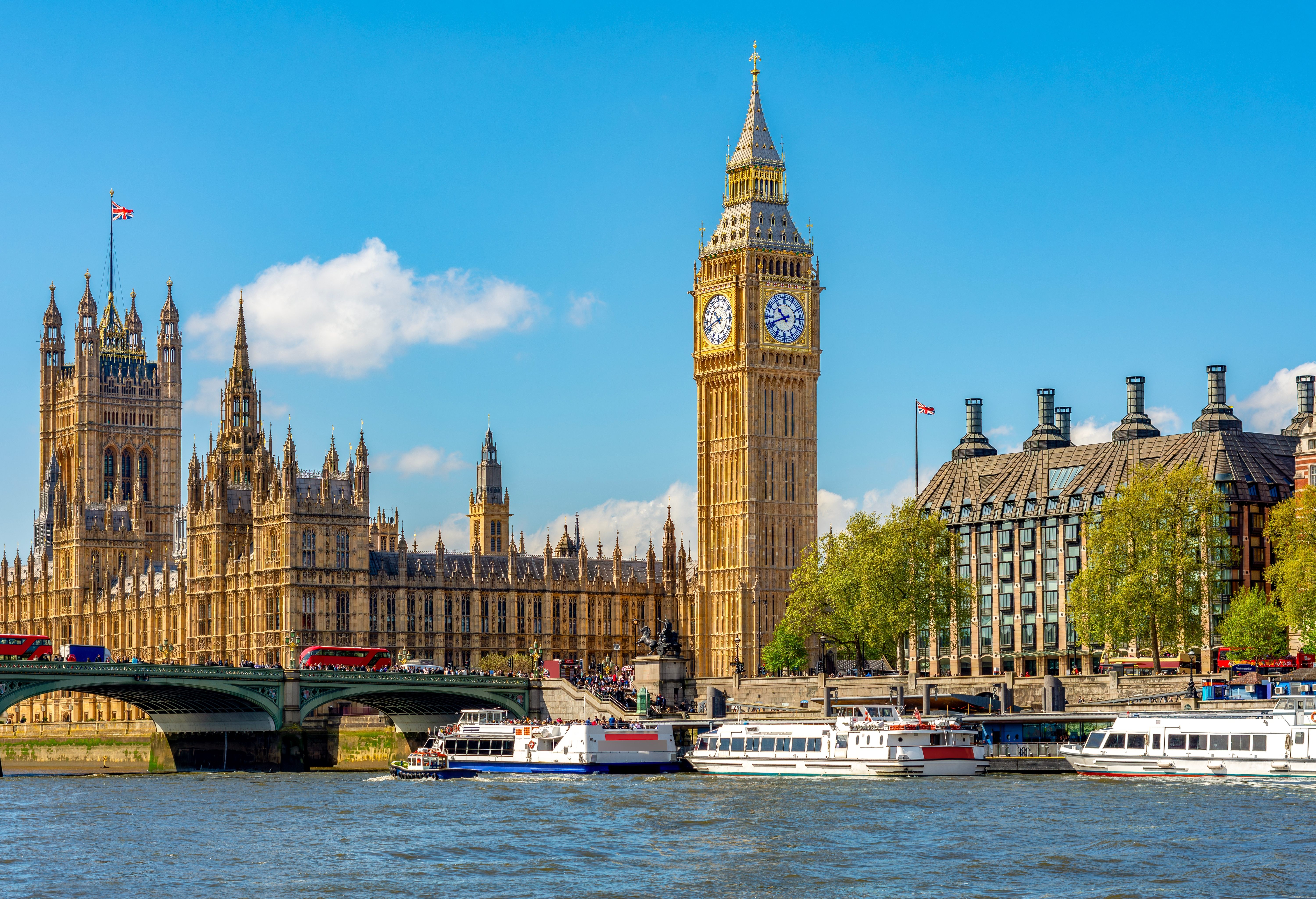 River Thames with Westminster Abbey in the background in London