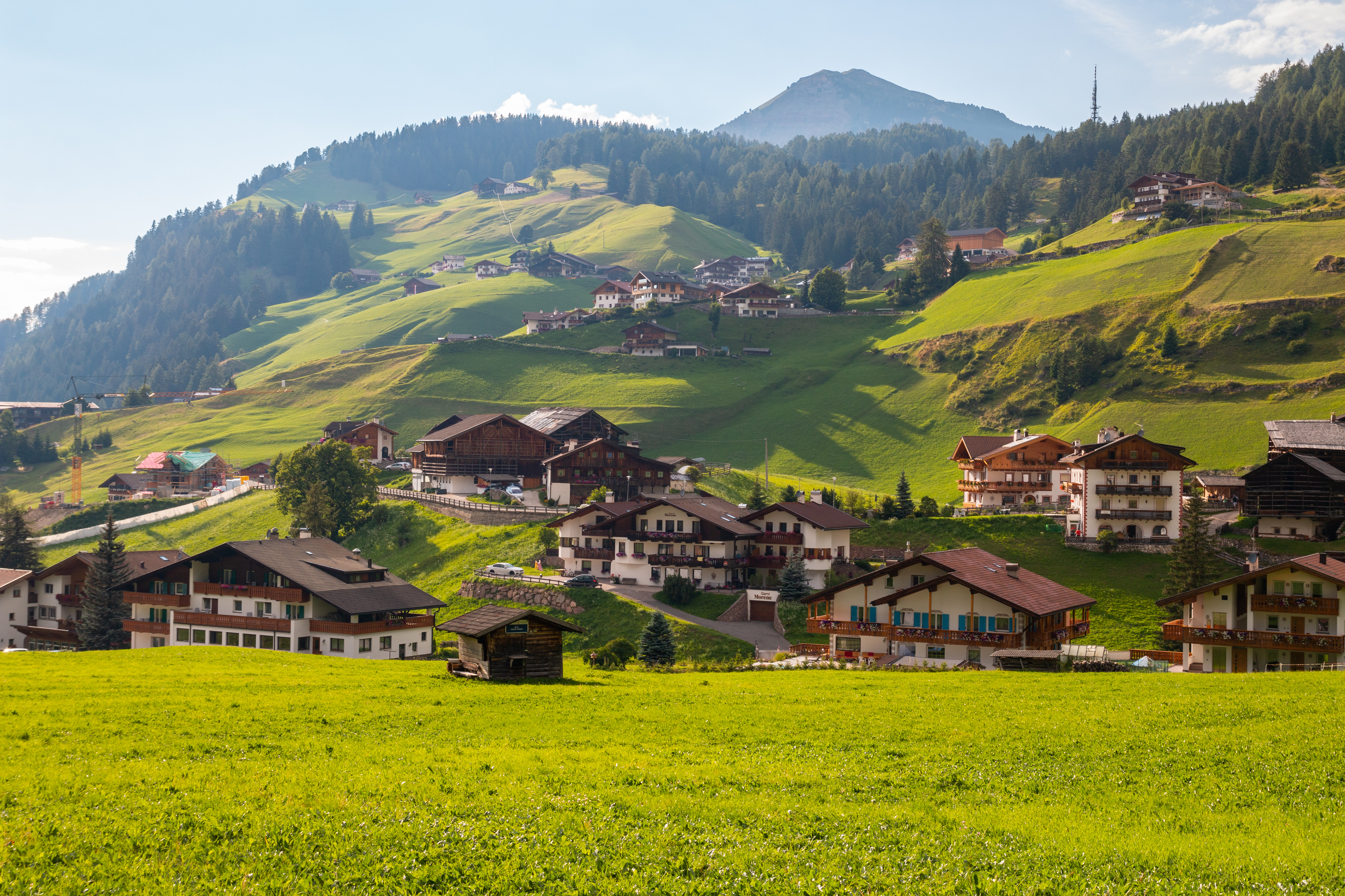 View of the mountain village of Selva di Val Gardena