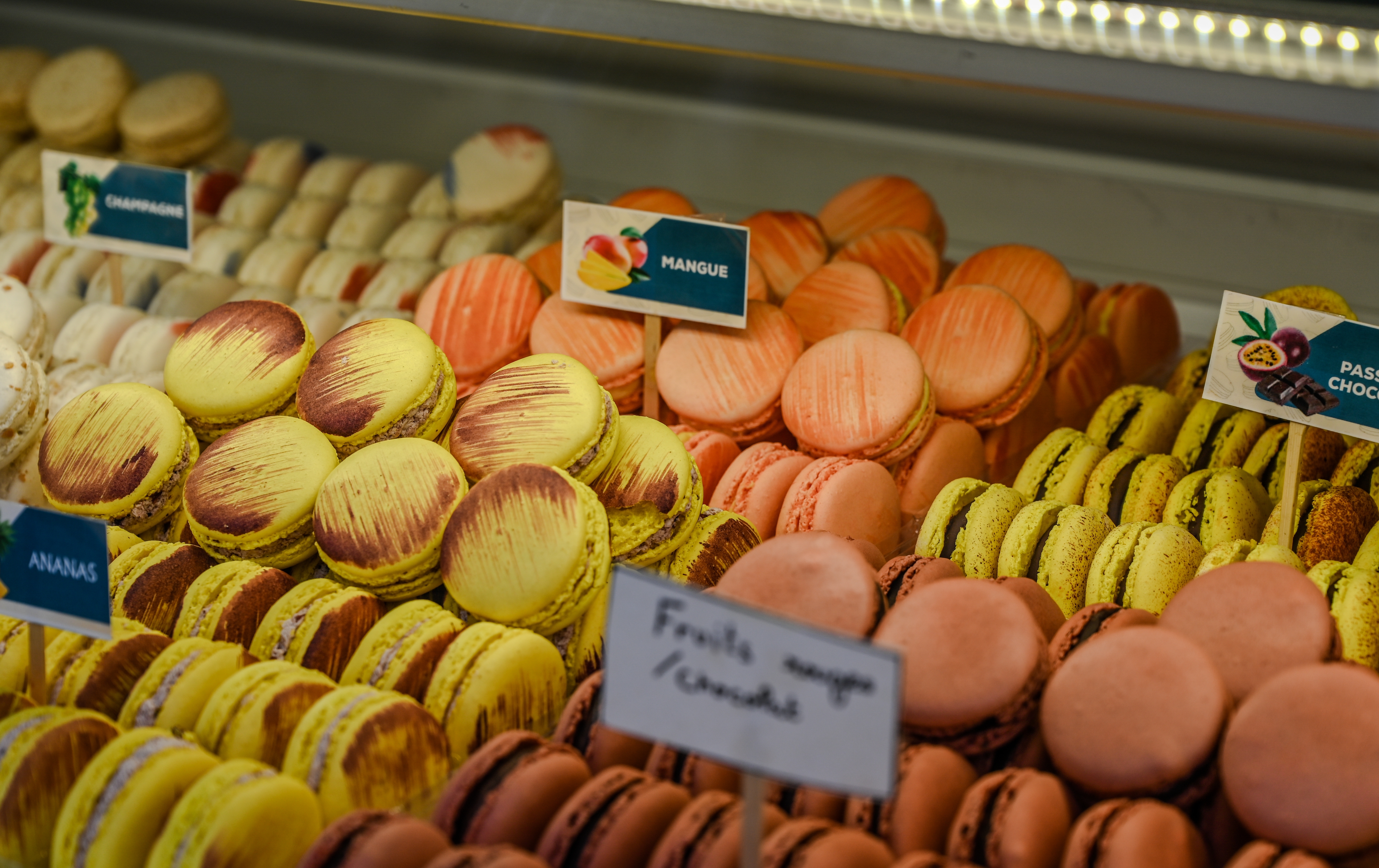 Macarons lined up in fridge in Paris, France