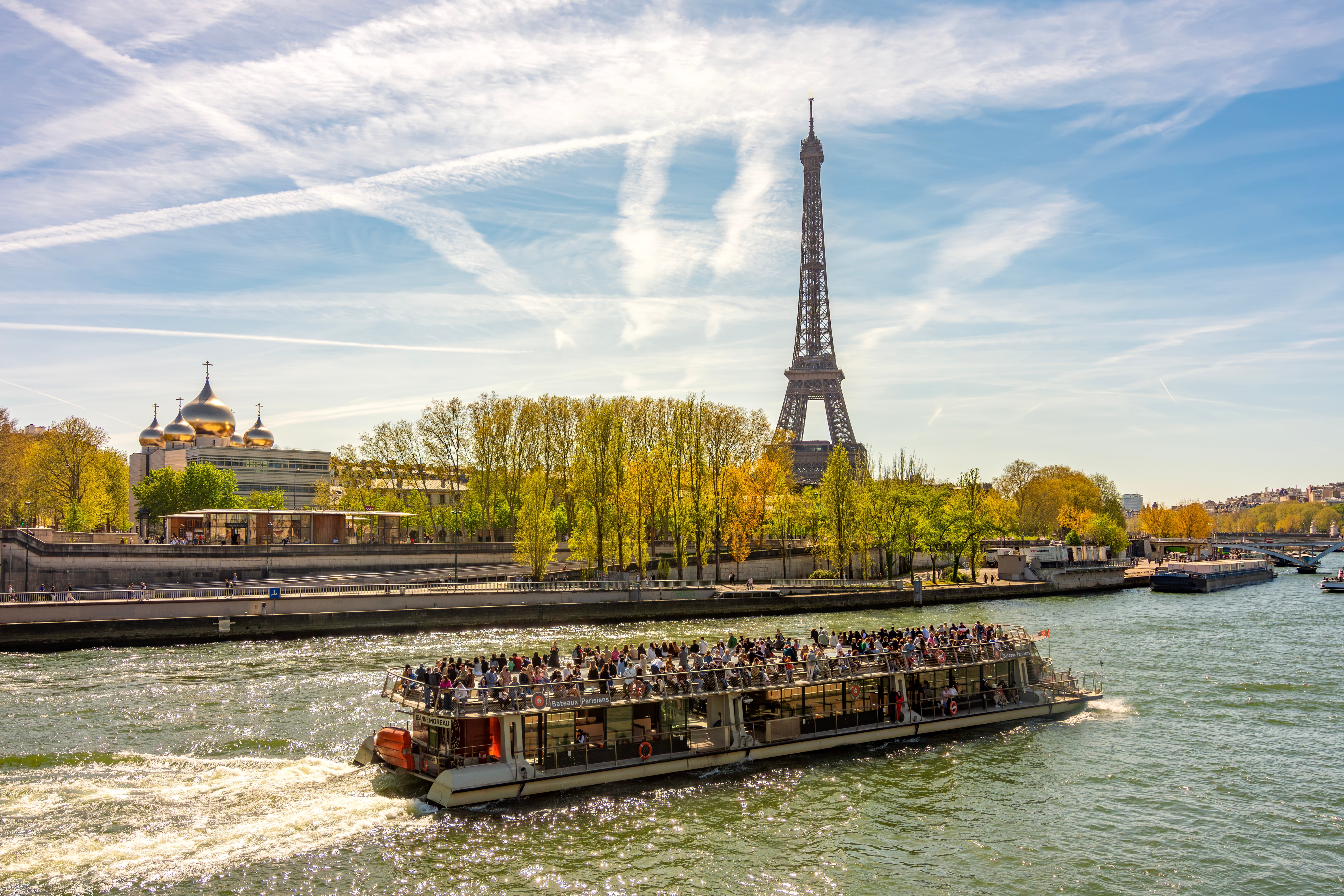 River cruise on the Seine going past the Eiffel Tower in Paris, France
