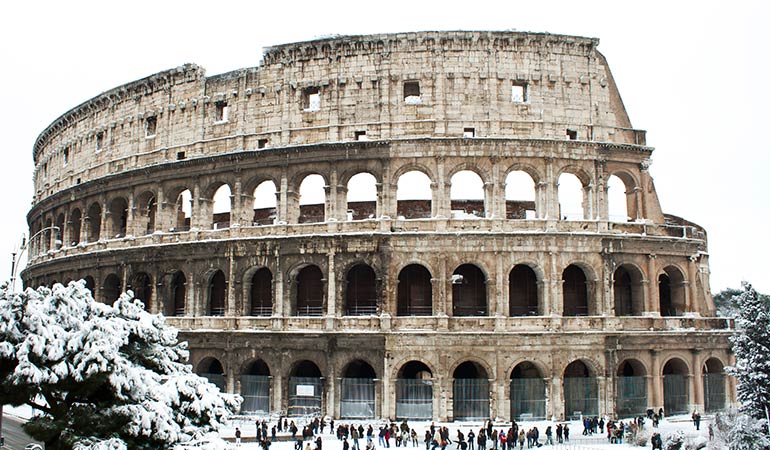 Christmas in Rome colosseum in snow