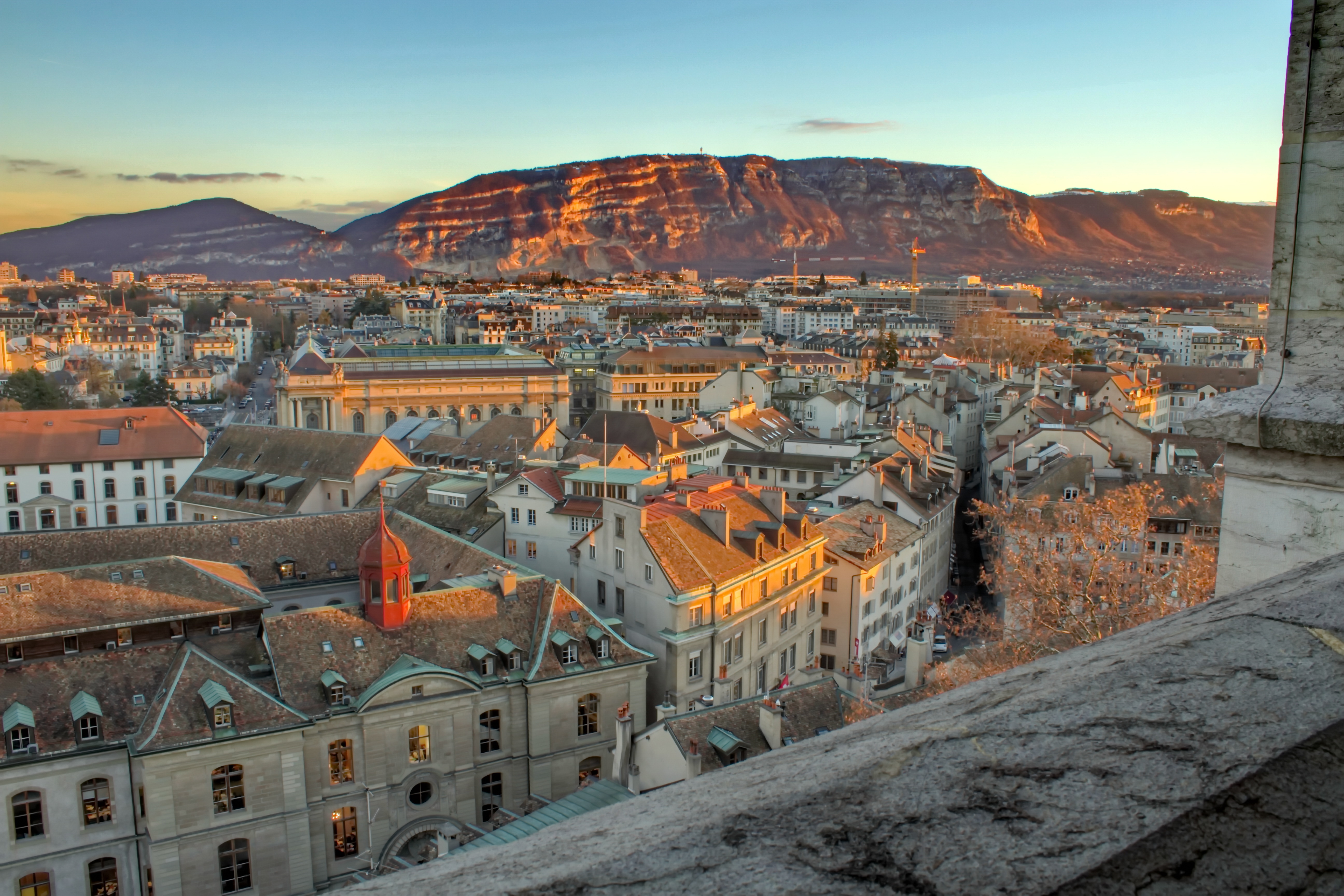 View on Geneva city and Saleva mountain by sunset from Saint-Pierre cathedral, Switzerland