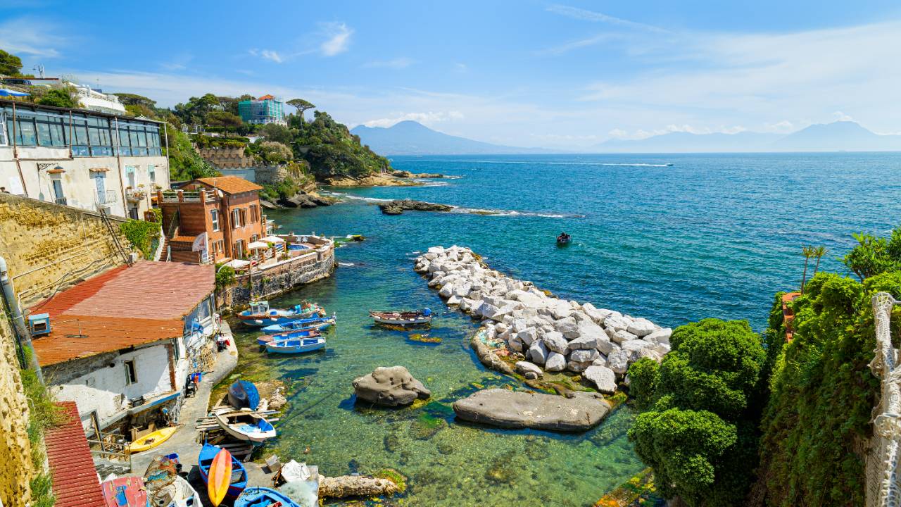 Colourful neighbourhood of Posillipo and views of the Gulf of Naples